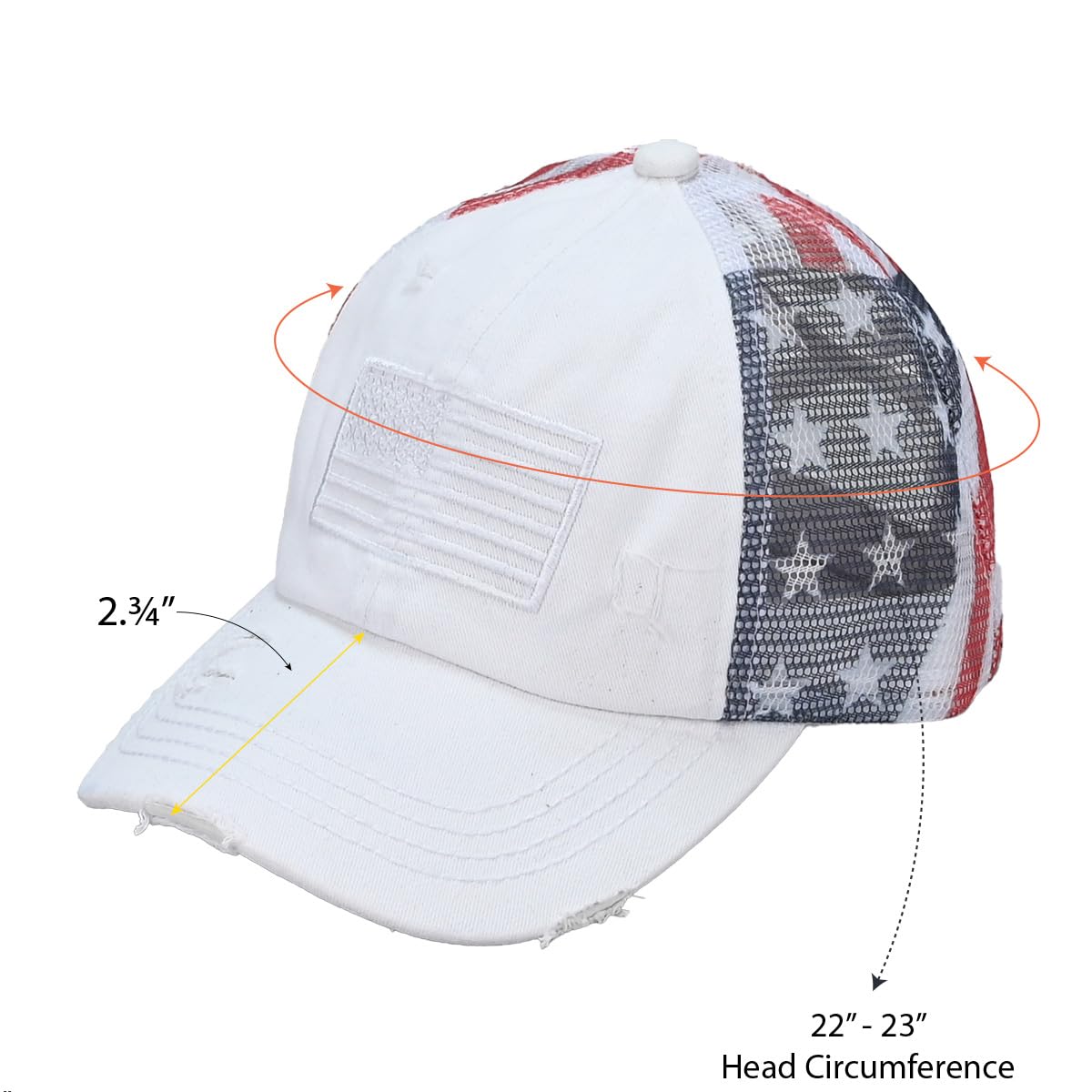 C.C Women's Criss-Cross Ponytail Baseball Cap – Embroidered Cotton Front, American Flag Mesh Back, Adjustable Velcro (US, Alpha, One Size, White)