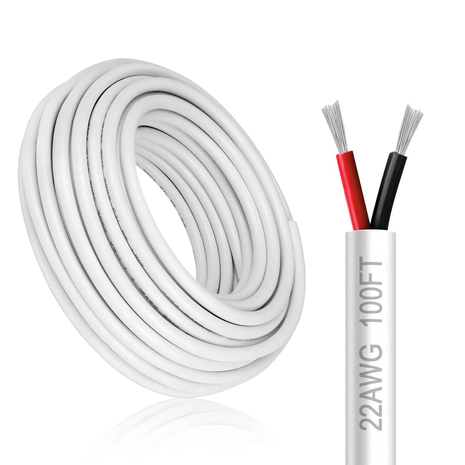 22 Gauge 2 Conductor Electrical Wire, 100FT White Stranded Low Voltage 22/2 PVC Case, 22 AWG Tinned Copper 2 Wire Extension Power for Strips LED Lamp Lighting