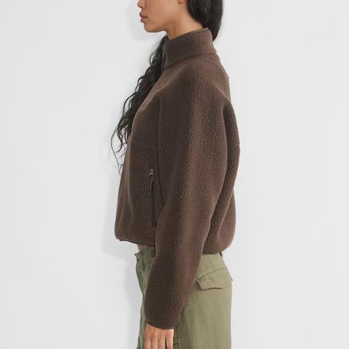 Keeliya Womens Fleece Sweatshirts Cropped Half Zip Sherpa Pullover Fuzzy Warm Winter Jackets with Zipper Pockets(Brown,L)