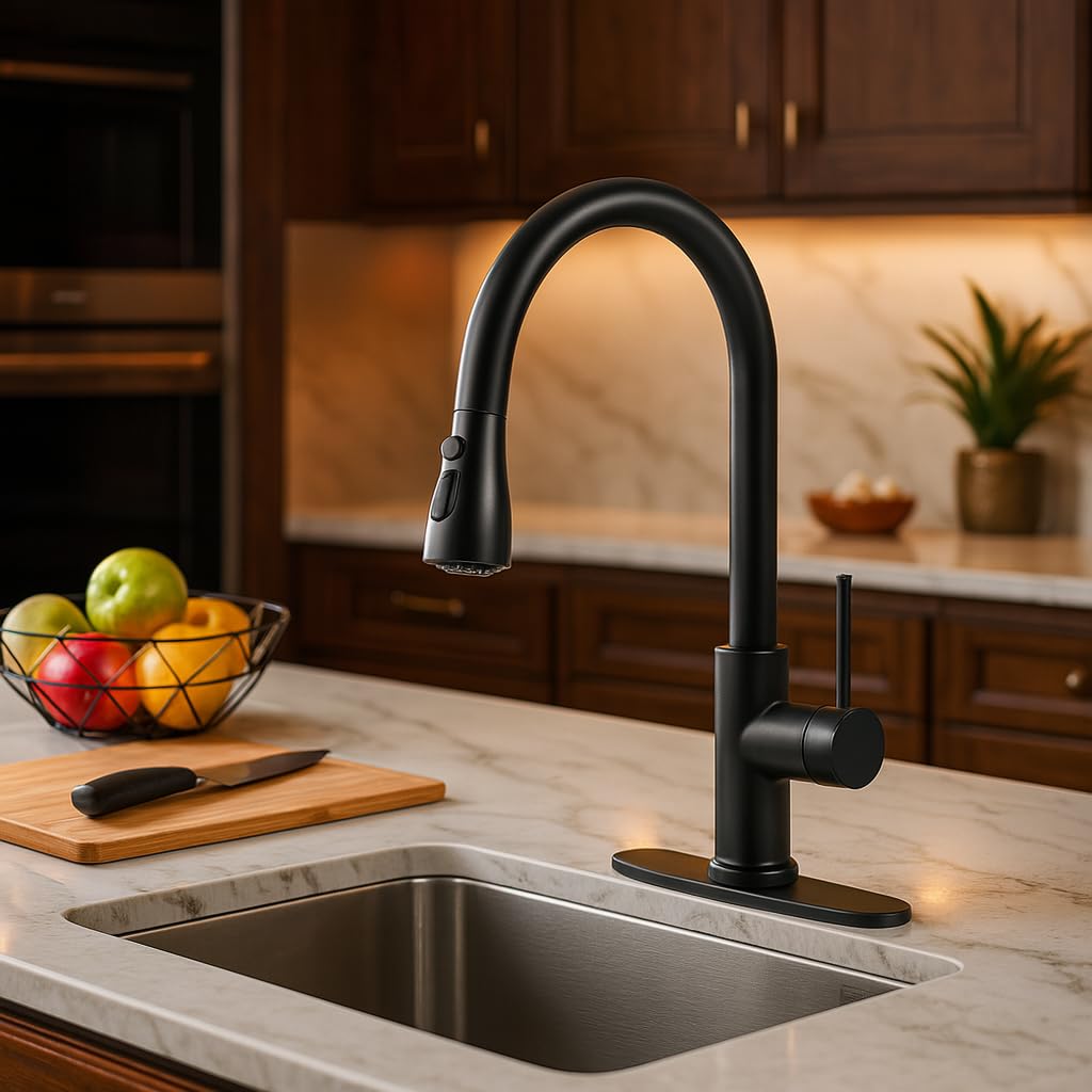 INDARE Matte Black Kitchen Faucet with Pull-Down Sprayer, High Arc Single Handle Stainless Steel Deck Mount Faucet, 1 or 3 Hole Deck Plate Included for Farmhouse Camper Laundry RV Bar