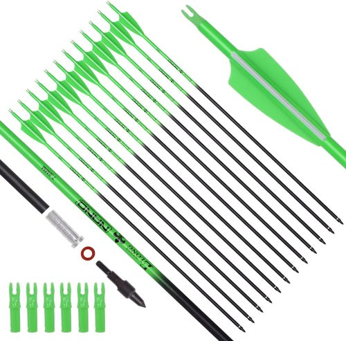 Elong 12PCS 28" Carbon Hunting Arrows - Spine 500 with 100 Grain Tips | Green/Orange