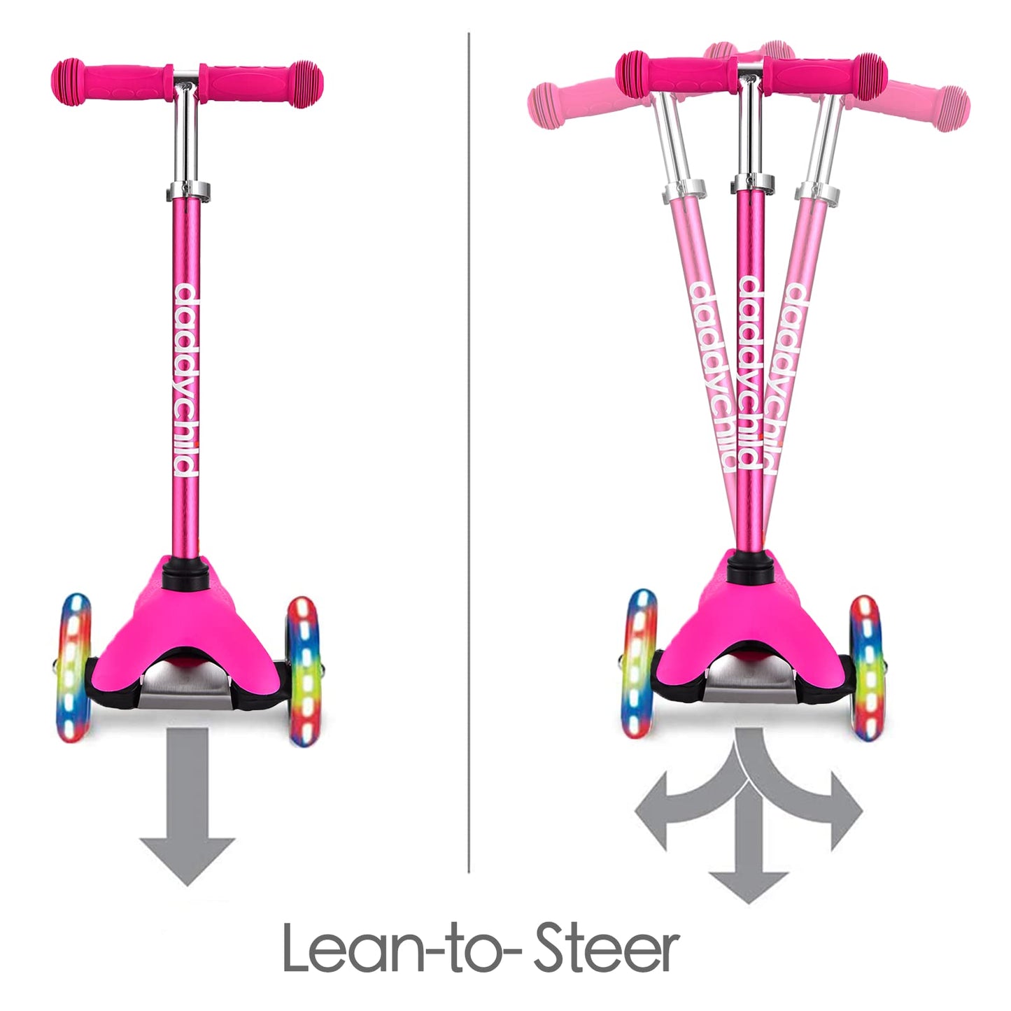 3-Wheel Kick Scooter for Kids Ages 3-8 Lean-to-Steer Toddler Scooter with Extra Wide Light Up Wheels, 4 Adjustable Heights, Foldable Scooters for Boys & Girls, Max Weight 110lbs (Pink)