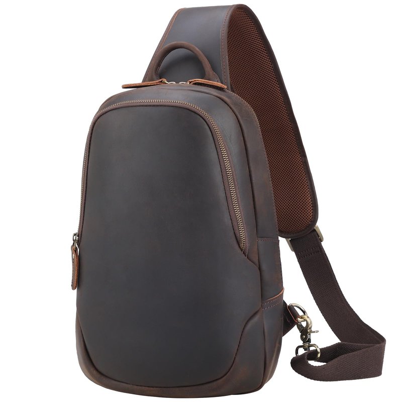 TIDING Full Grain Leather Sling Bag for Men, Vintage Crossbody Bag Outdoor Casual Chest Daypack fits 12.9" Tablet