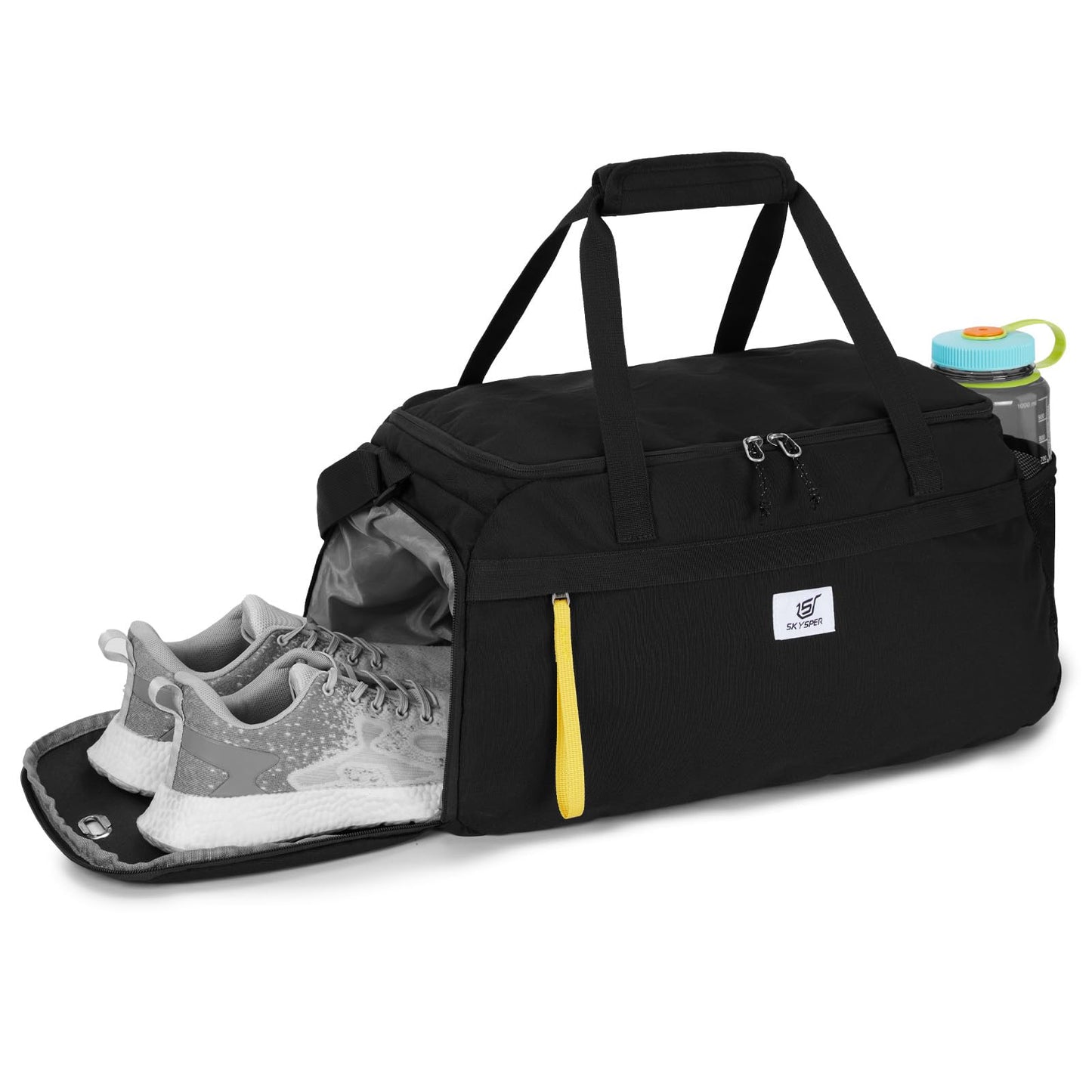 SKYSPER Gym Bag for Men & Women with Shoe Compartment, Carry-on Gym Duffle Bag for Travel and Sports, Workout Overnight Bag with Large Wet Pocket, Black