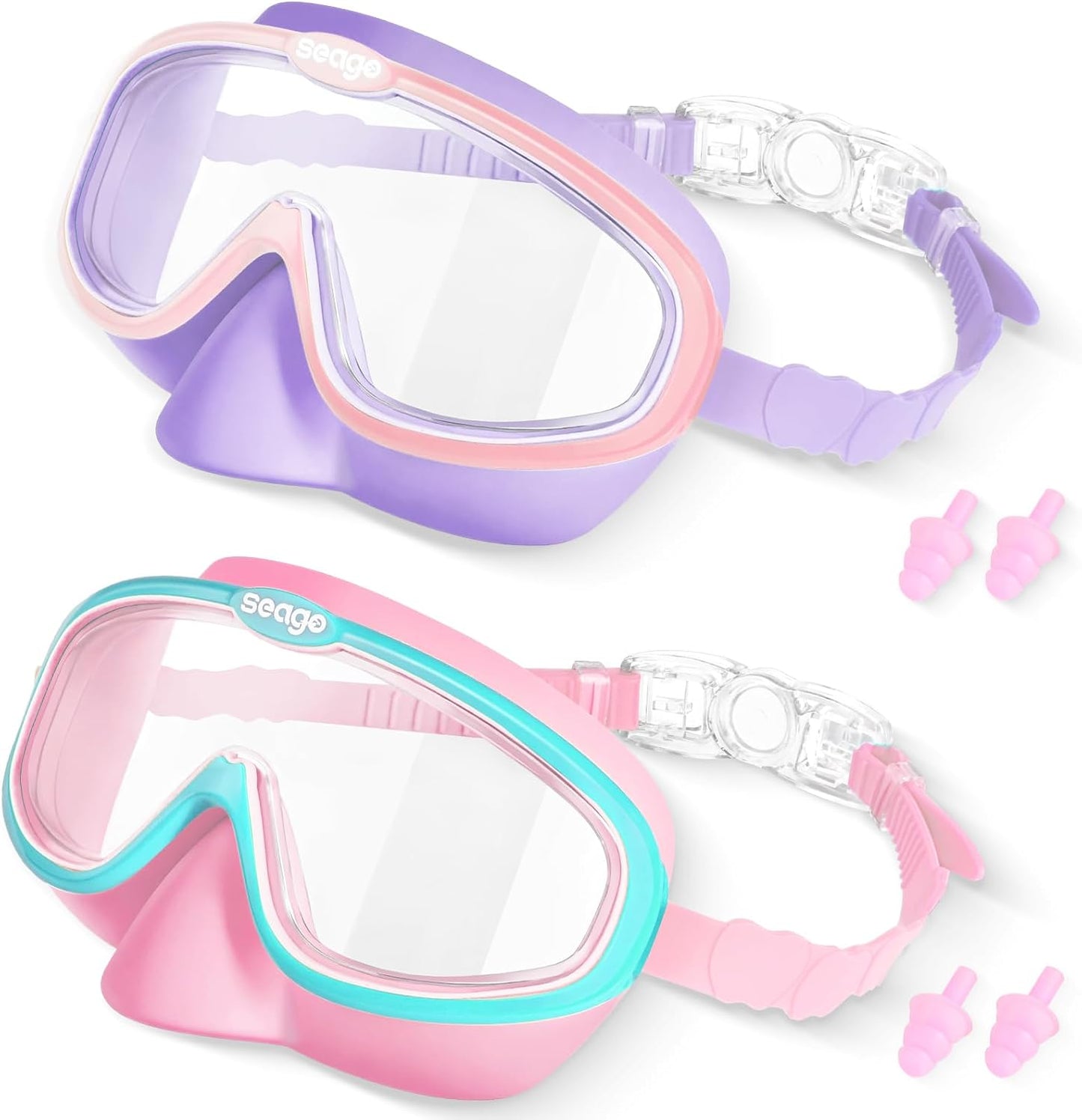 Seago Kids Swim Goggles - Anti-Fog Clear View for Ages 3-12 | 2-Pack with Nose Cover