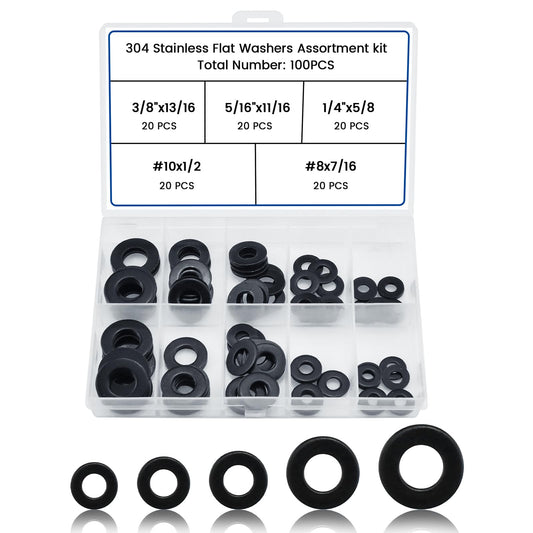 ZIUZI 100 Pcs 5 Sizes Washers Assortment Kit, Black 304 Stainless Flat Washers for Screws and Bolts, Metal Washers Kit for Home and Industrial Use (#8#10 1/4 5/16 3/8)