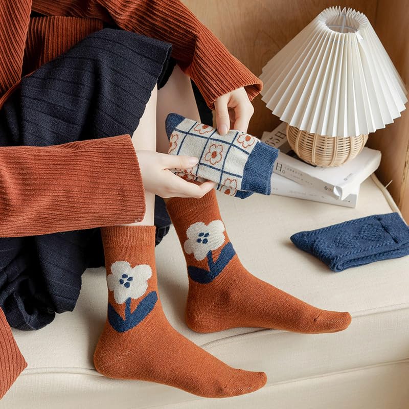 Wool Socks for Women Thick Knit Vintage Floral Crew Socks - 5 Pairs Blue Flowers (5-9)