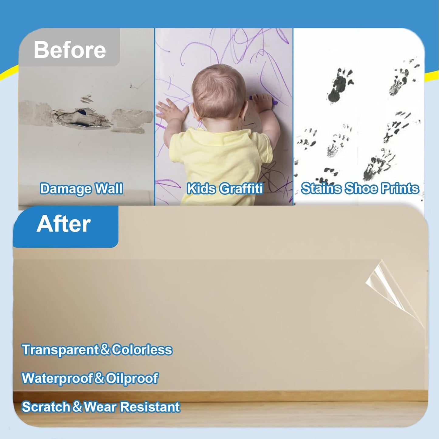 Clear Wall Protector, 15.7in*32.8ft Adhesive-Free Cover for Kitchen & Office from Bin, Chair Back, Furniture, Door, Pet, Electrostatic Wall Protective Film