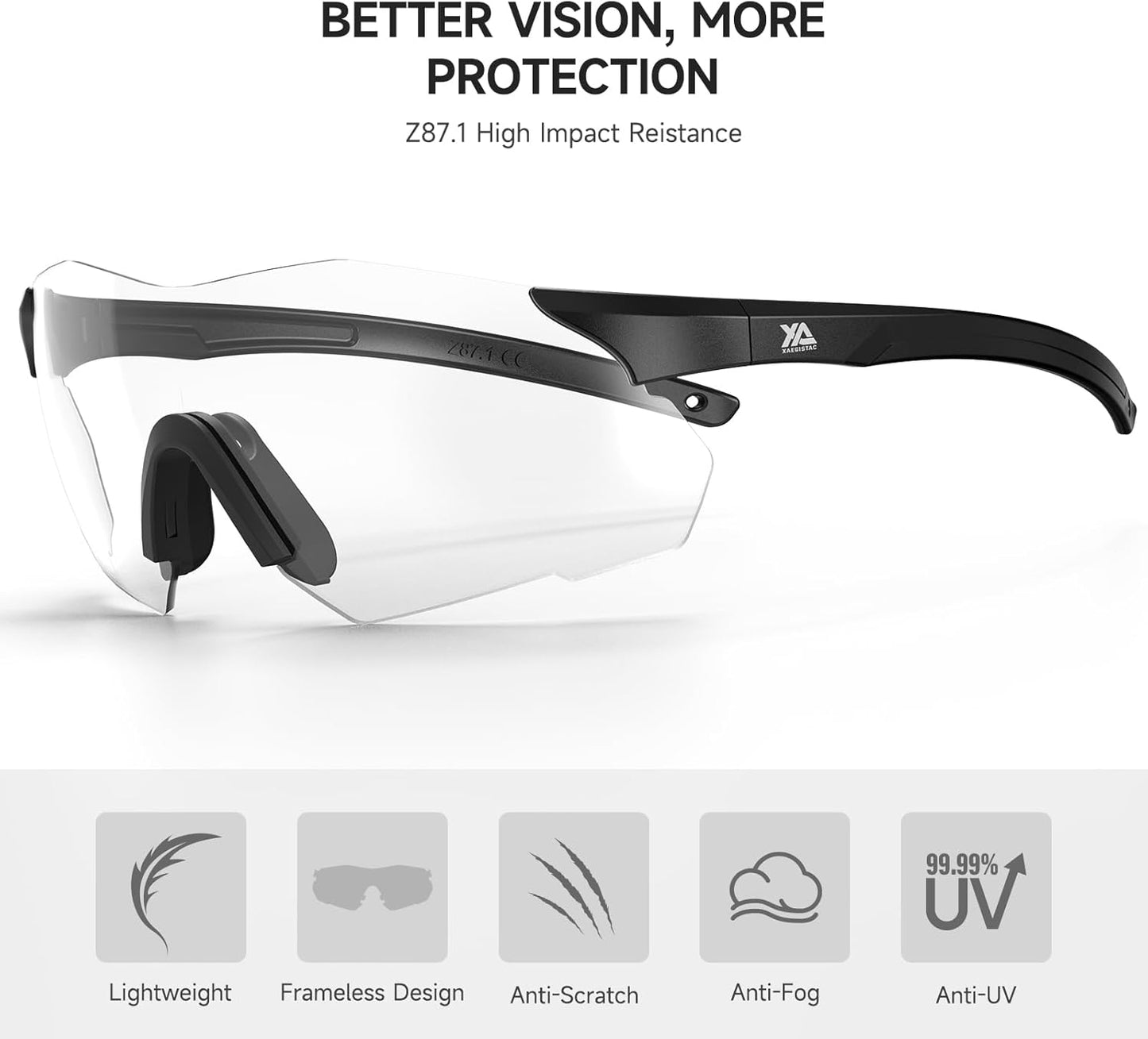 Xaegistac Safety Glasses - Anti-Fog Shooting Glasses with Wide Field of View & Soft Nose Pad