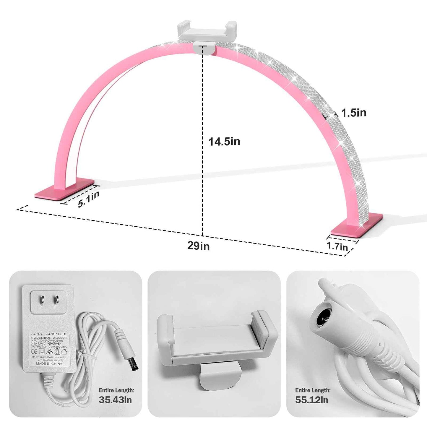 FFKJDM Large 29-inch Half Moon Light for Nail Desk,48W LED Light with Hand Pillow and Phone Holder, Nail Desk lamp for lash Eyelash Extension,Makeup Desk lamp,Color Temperature 3000K-6000K (Pink)