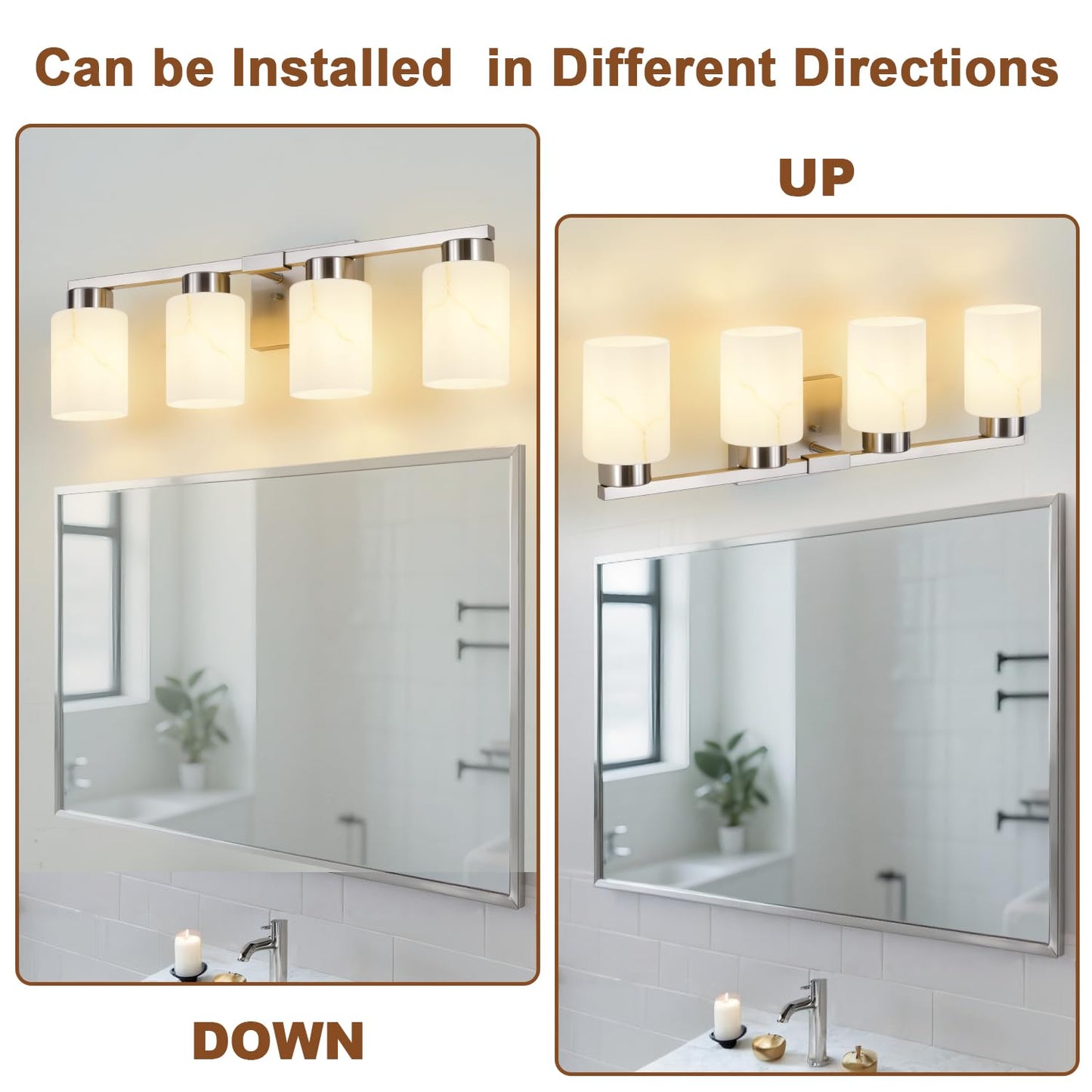 Mieloxiy 4-Light Bathroom Light Fixtures, Modern Vanity Lights, Brushed Nickel Metal Wall Lamp with White Marble Glass for Bathroom, Mirror, Living Room, Bedroom, Cabinet, Porch, Hallway, E26 Base