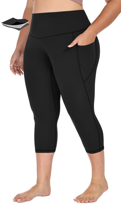 Heathyoga X-4XL Plus Size Capri Leggings for Women with Pockets Tummy Control Capri Yoga Pants High Waisted Leggings Black