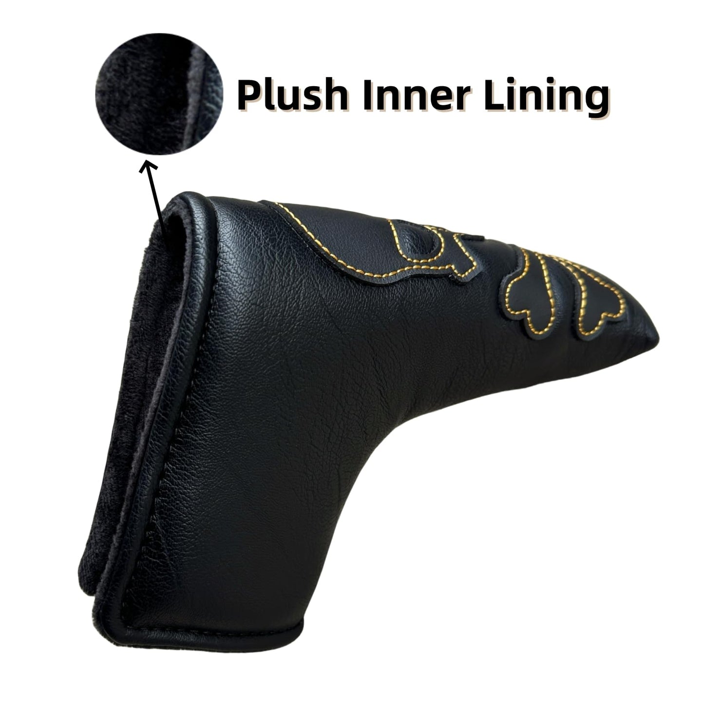 Skull Magnetic Golf Putter Cover Headcover Blade Putter Head Cover in Black with Gold Stitching Skeleton Putter Headcovers