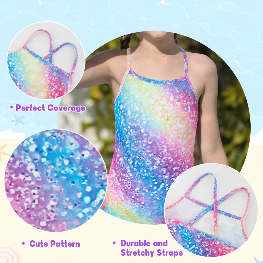Belovance Girls Swimsuits One Piece Bathing Suit with Criss Corssback Straps 5t Size 6 Kids Children Swimming Suit Rainbow Glitter Swimwear Quick Dry (Rainbow Glitter, 6-7 Years)