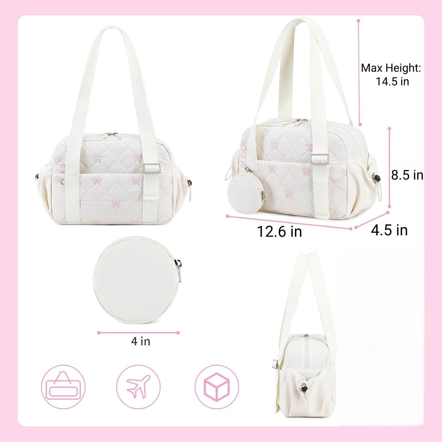 CAMTOP Mini Gym Bag for Women, Small Gym Tote Bag Puffy Quilted Sports Duffel Bag with Wet Compartment and Coin Purse Duffel Bags Dance Yoga Workout Bag for Gifts (White Pink Bow, Mini-12.6")
