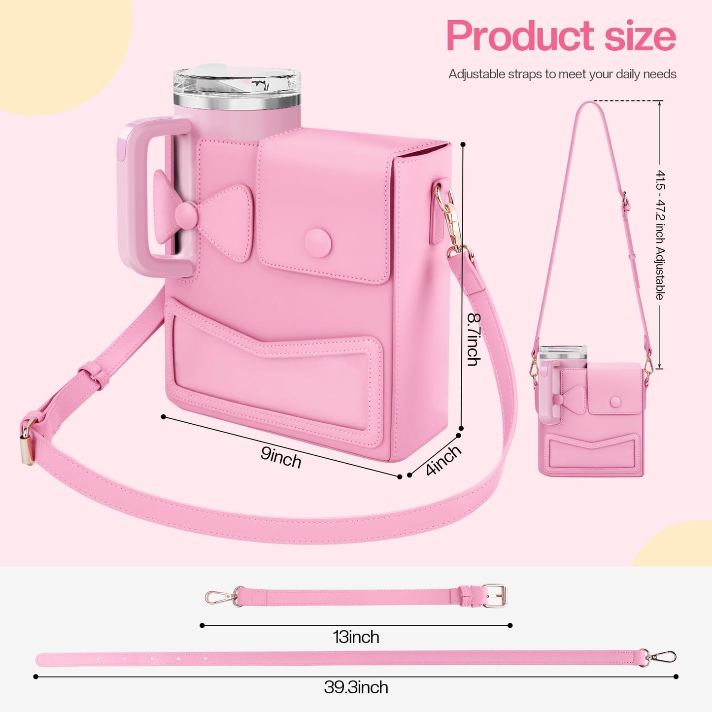 Crossbody Bag for Stanley Cup Purse, Outdoor Portable Water Bottle Holder with Adjustable Shoulder Strap (Pink)