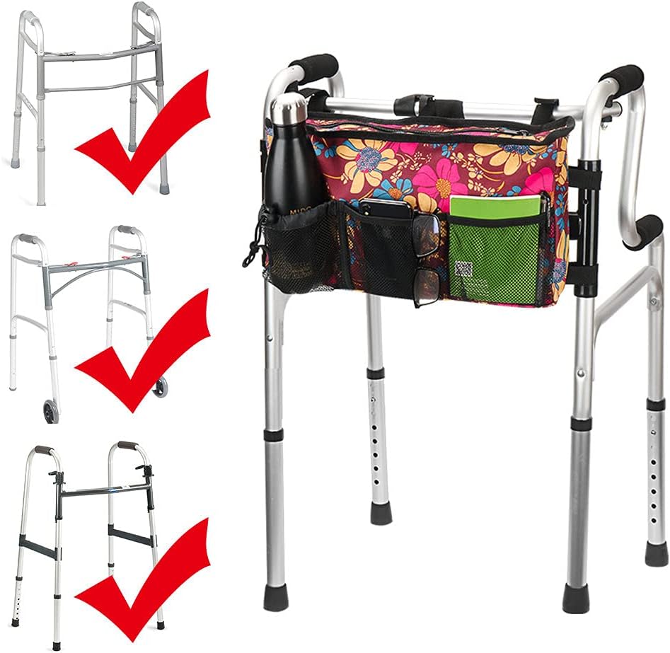 Walker Bag - Water Resistant Pouch Basket with 6 Pockets for Rollators & Wheelchairs | Floral Design
