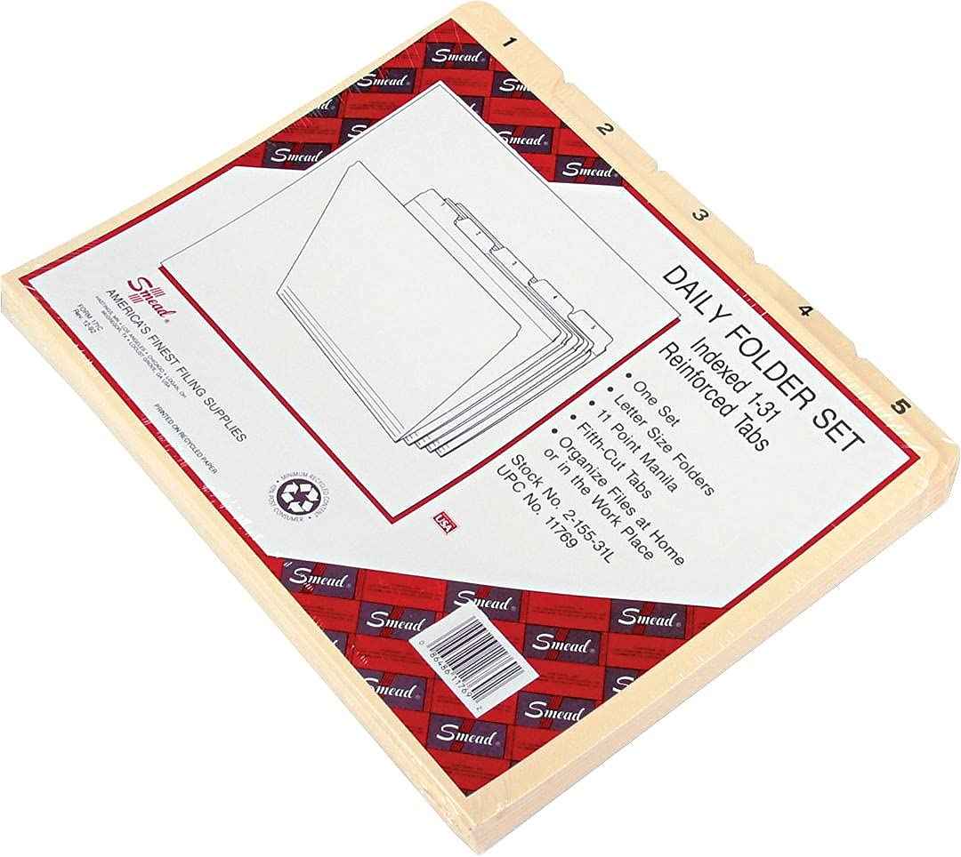 Smead Indexed File Folders, Daily, 1/5-Cut Tab, Assorted Positions, Indexed 1-31, Letter, Manila, 1 Set of 31 (11769)