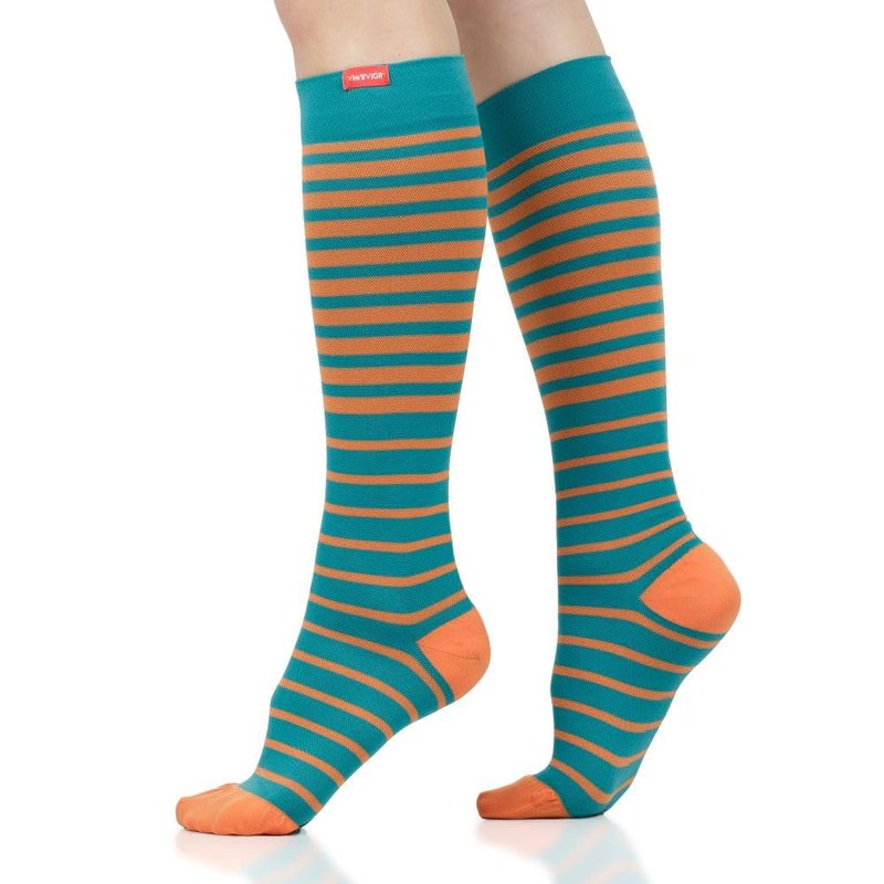 VIM & VIGR Nylon 15-20 mmHg Graduated Compression Socks (Teal & Orange Falling Stripe, Medium/Large (2))