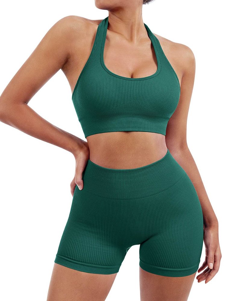 SUUKSESS Women Two Piece Seamless Ribbed Workout Sets Outfits Backless Halter Sports Bra Booty Biker Shorts (Dark Green, M)