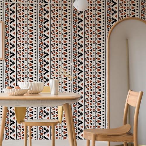 wishFIRE Black and Brown Geometric Boho Peel and Stick Wallpaper 17.3"¡¿120" Tribal Style Contact Paper Removable Waterproof Self-Adhesive Vinyl Film Wallpaper for Bedroom Kitchen