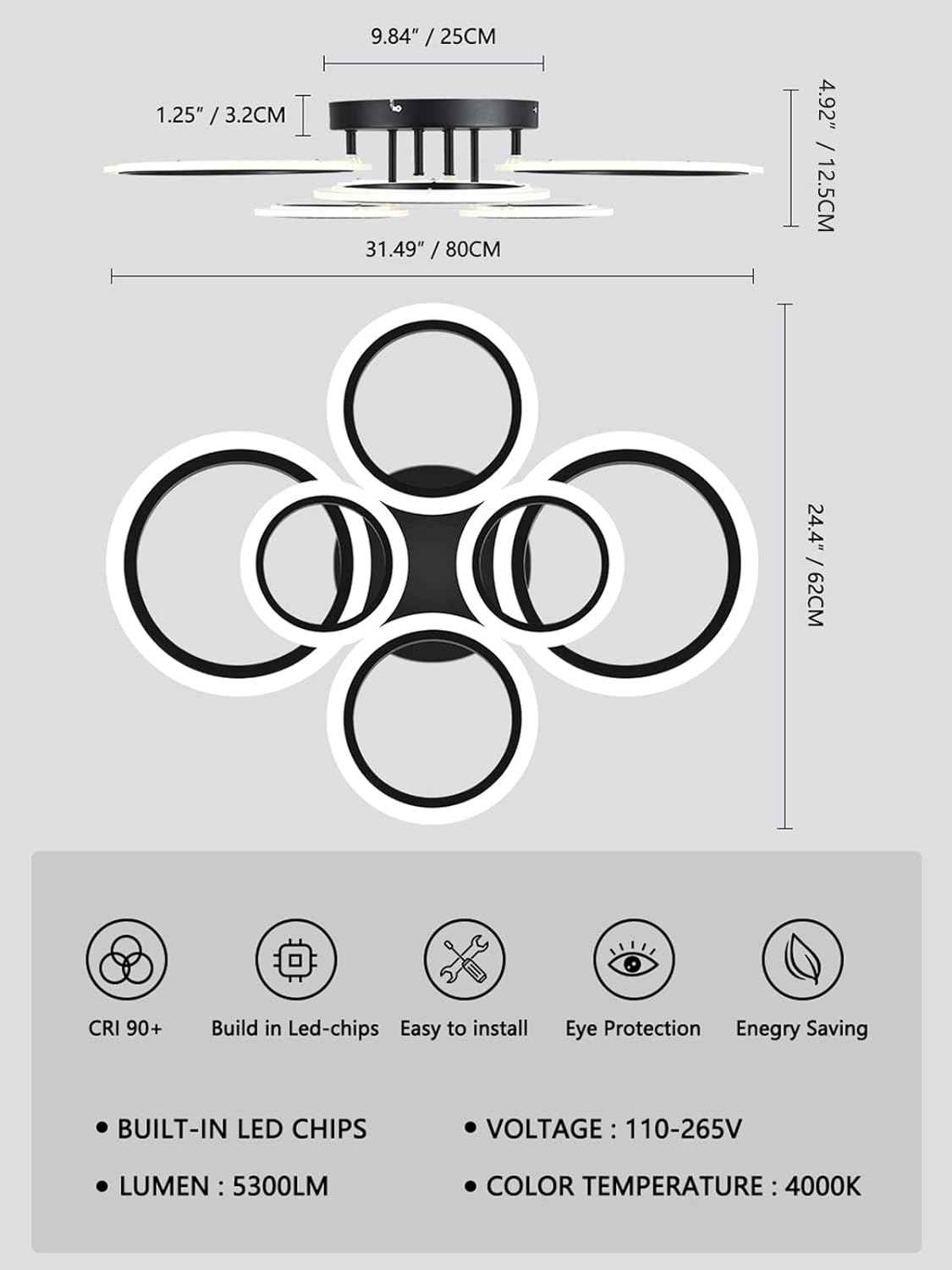Modern LED Flush Mount Ceiling Light - 4 Rings 4000K Fixture for Kitchen & Living Room