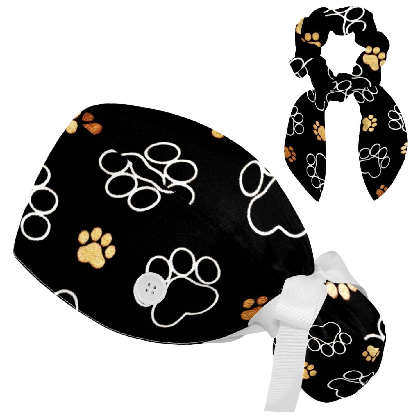 CHENZZZZ Dog Footprints Working Cap with Scrunchy and Ribbon Tie for Women, Long Hair