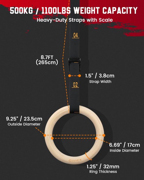 Gonex Wooden Gymnastic Rings - Adjustable 8.5 ft Straps for Outdoor Workouts & Quick Installation