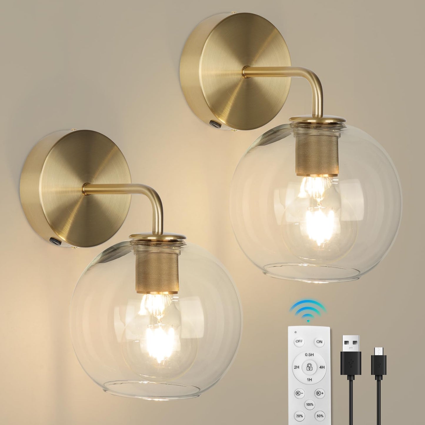 EIDEARAY Gold Vanity Wall Sconces Set of 2, Battery Operated Wall Sconces with Remote, Vintage Gold Wall Lamp with Clear Glass Shade, Industrial Metal Wall Mount Light for Bedroom, Hallway etc
