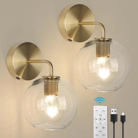 EIDEARAY Gold Vanity Wall Sconces Set of 2, Battery Operated Wall Sconces with Remote, Vintage Gold Wall Lamp with Clear Glass Shade, Industrial Metal Wall Mount Light for Bedroom, Hallway etc