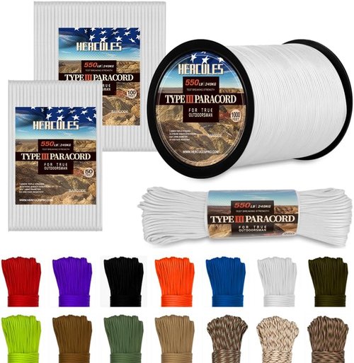 HERCULES Type III Paracord 550 - 100' White Parachute Cord for Survival and Outdoor Use