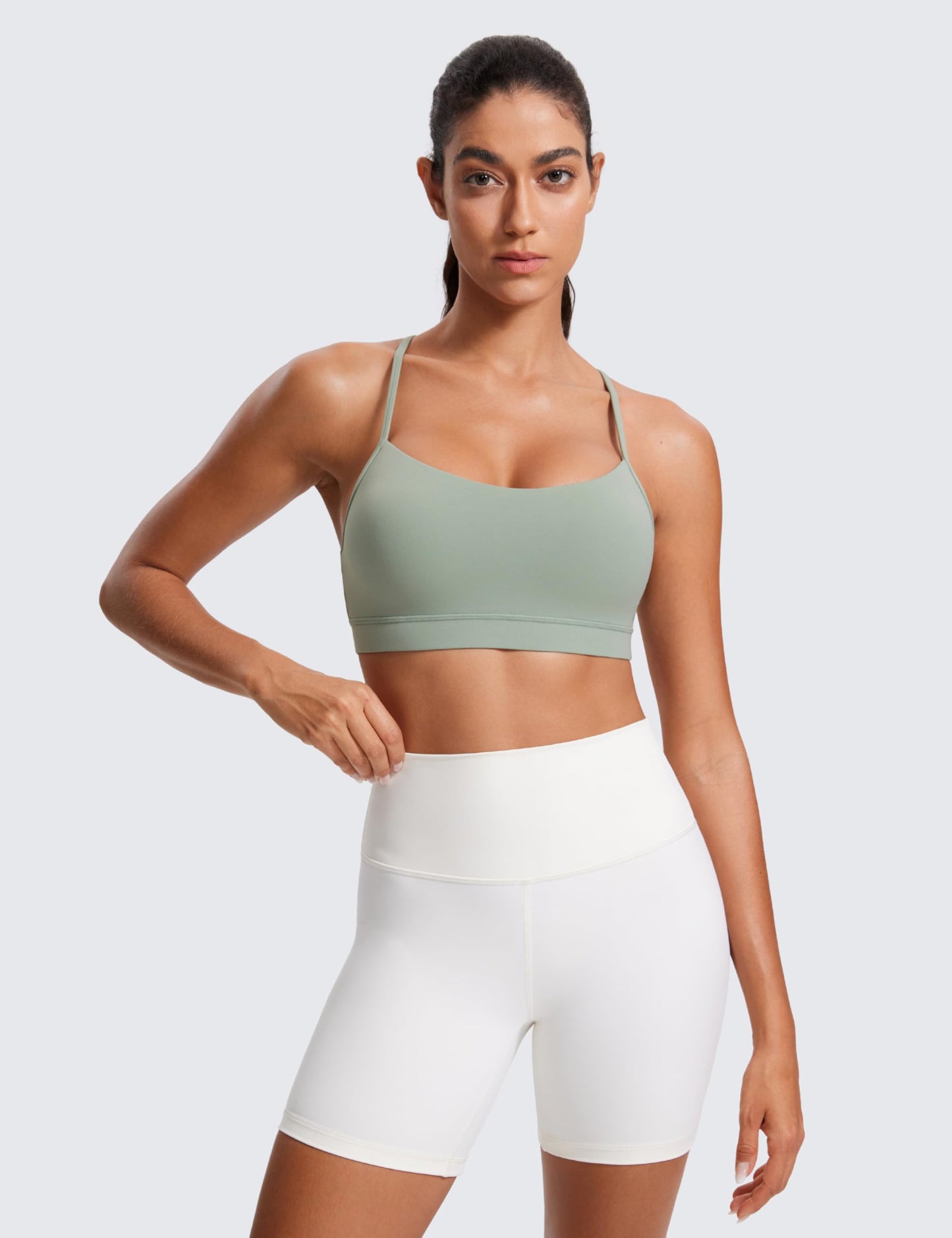 CRZ YOGA Butterluxe Y Back Sports Bras for Women - Padded Racerback Low Impact Spaghetti Thin Strap Workout Yoga Top Green Palm Court Medium