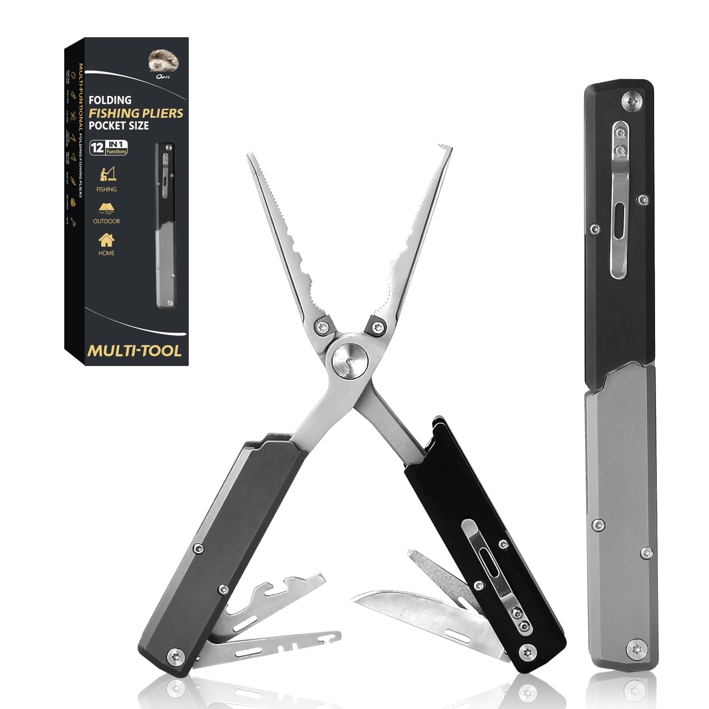QDX 12-in-1 Folding Fishing Pliers, Compact Saltwater Fishing Tool with Braid Cutter, Hook Remover, Split Ring Opener, Stainless Steel Fishing Gear Gift for Men