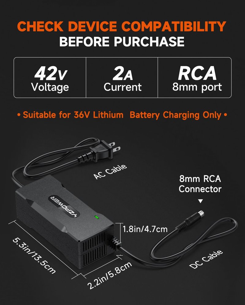 YZPOWER 42V 2A Scooter Charger for Segway Ninebot, Compatible with MAX G2 G30LP E2 Pro F65 F40 F30 D28 D40 ES2 ES4 E22 E45, Replacement Power Adapter for 36V Lithium Battery, RCA Round Charging Port