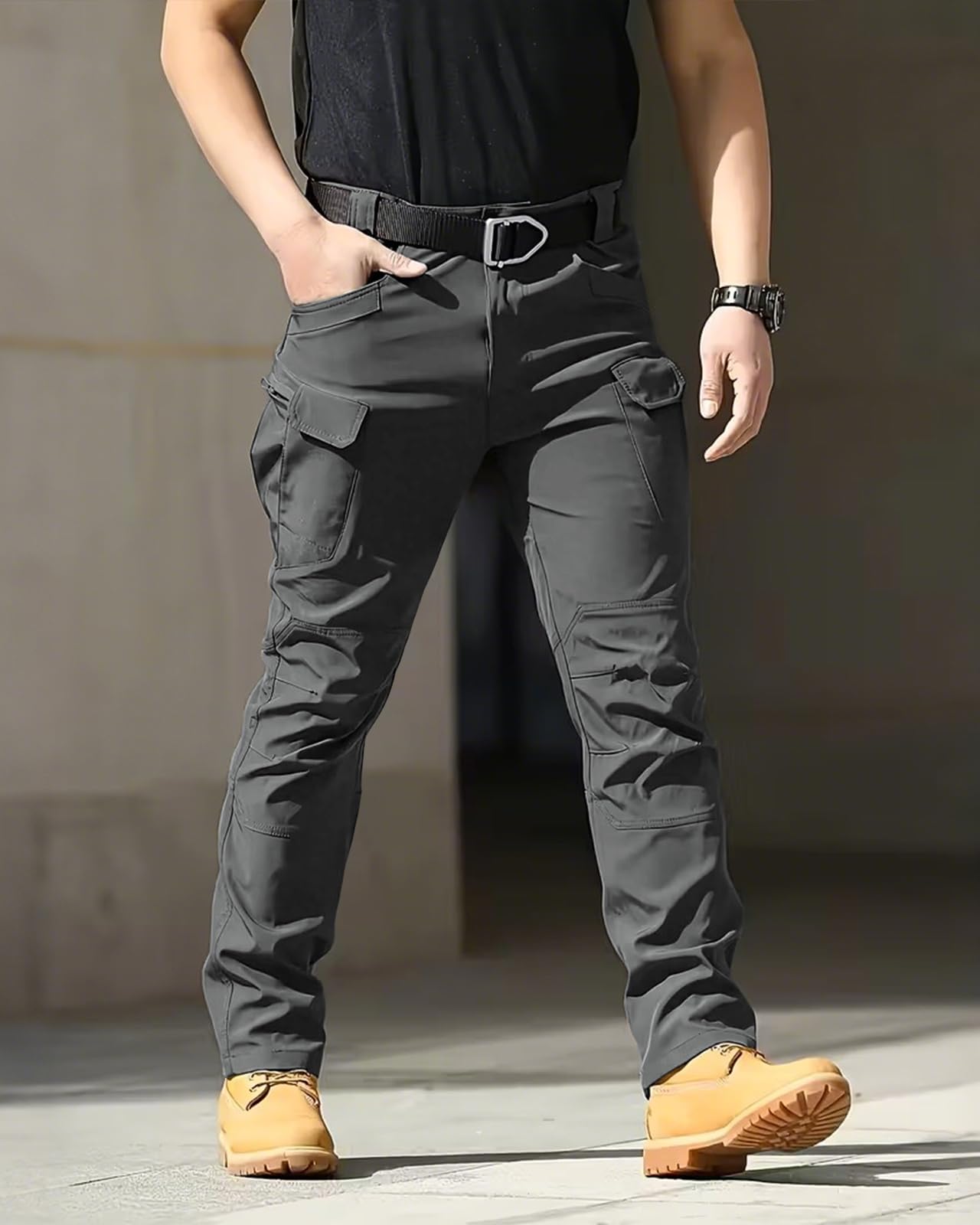 whox Men's Cargo Tactical Pants Work Hiking Trousers Waterproof Lightweight Elastic Waist for Travel with Pockets(No Belt) Dark Grey