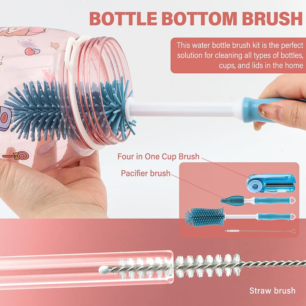 4Pcs Cup Cleaning Kit with Extra Long Straw Cleaner Brush,4 in 1 Bottle Gap Cleaner, Long Handle Silicone Brush, Multipurpose Brush Cleaner Kit