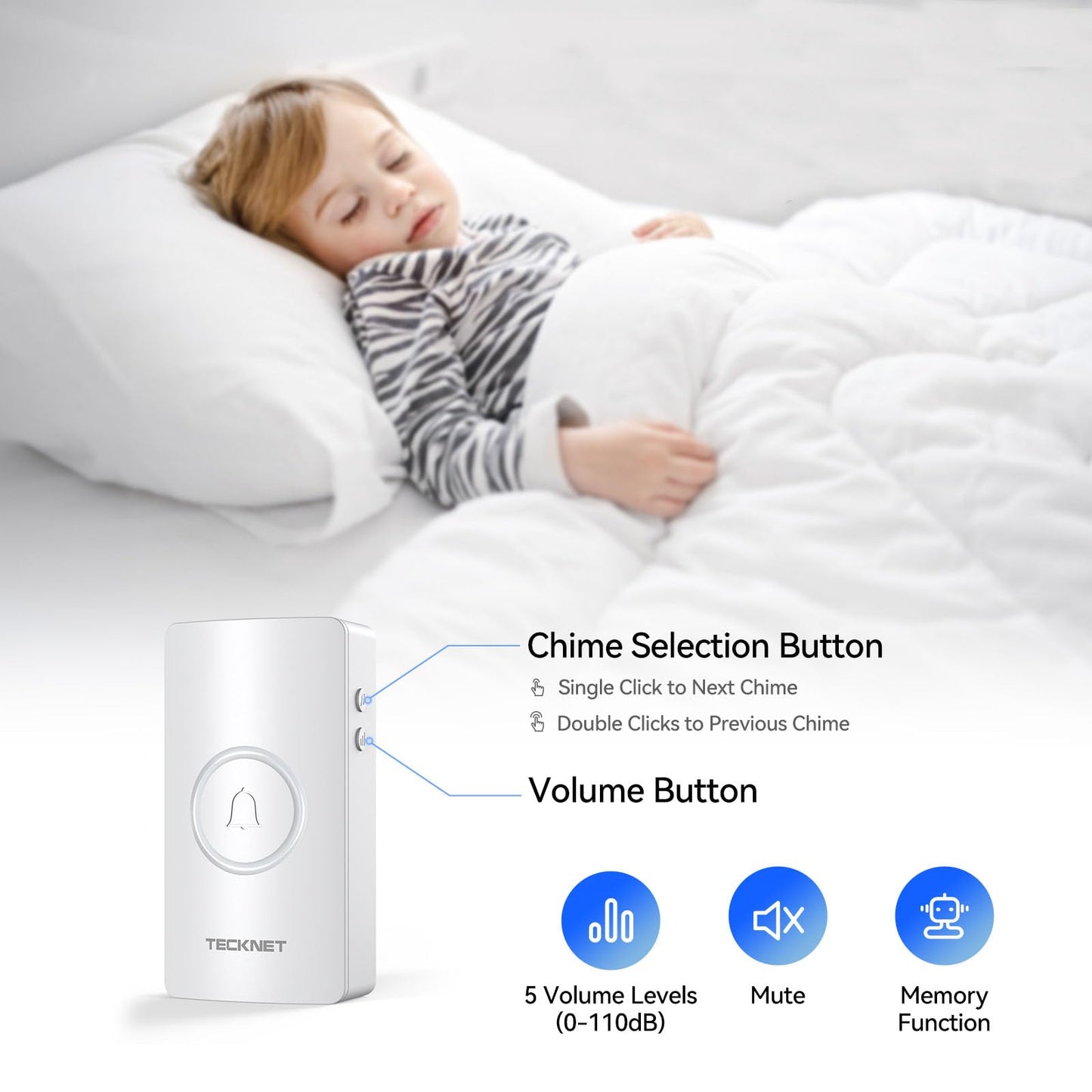 TECKNET Wireless Doorbell 1300FT, IP67 Waterproof Classroom Doorbell Battery-Powered Door Bell, 60 Chimes 5-Level Volume, Electric Doorbells No Plug-in Required for Home Classroom Teachers Warehouse