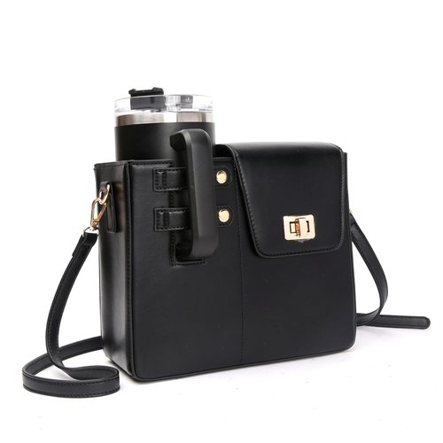 YFYIC Outdoor Portable Crossbody Water Cup Storage Bag, Leather Water Bottle Holder with Adjustable Shoulder Strap, Black Water Bottle Carrier Bag with Storage Pocket for Women (Black)