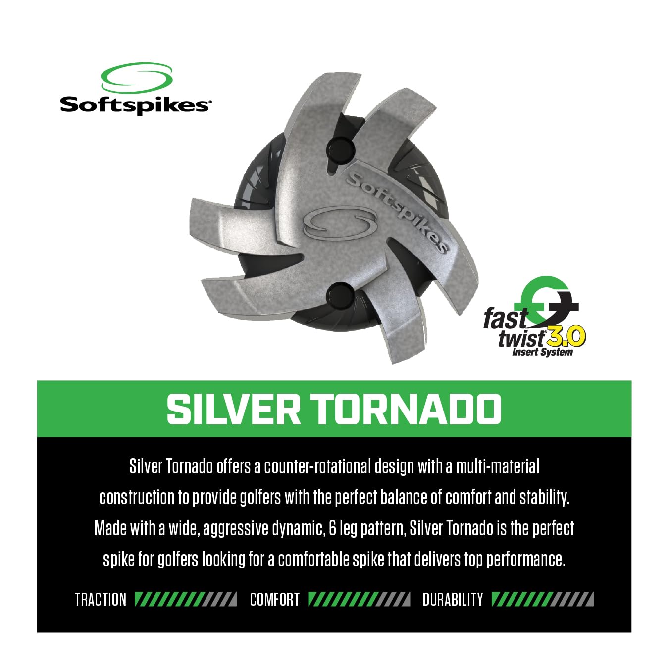 Softspikes Silver Tornado Golf Spikes - Fast Twist 3.0 - Silver/Black - 18 Count