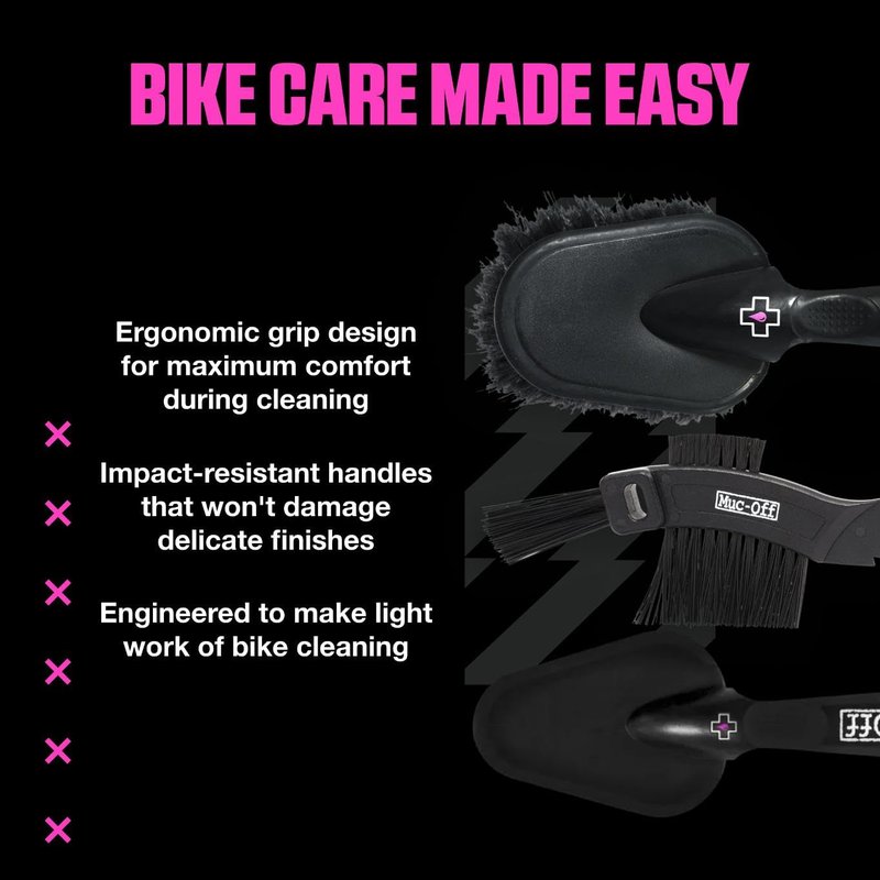 Muc-Off 220 3 Piece Premium Brush Kit - Includes 3 Bike Cleaning Brushes With Durable Nylon Bristles And Ergonomic Rubberised Handles To Minimise Impact