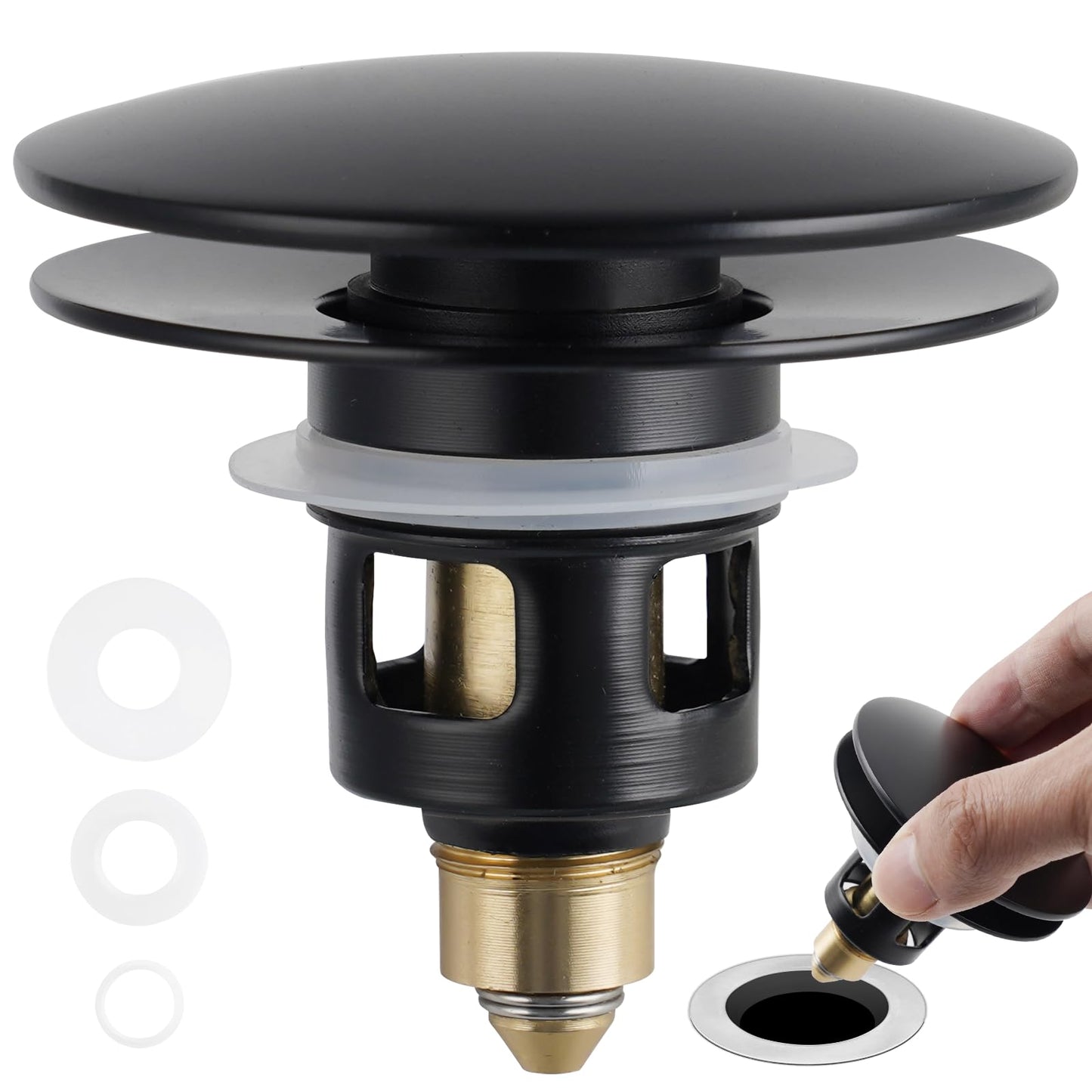 Universal Bathroom Sink Stopper 2 in 1 Pop Up Metal Sink Drain Strainer with Hair Catcher, Fit for 1.1~2.36" Sink Basin Hole, Not for Bathtub, Big Cover Cap, Anti-clog, Matte Black