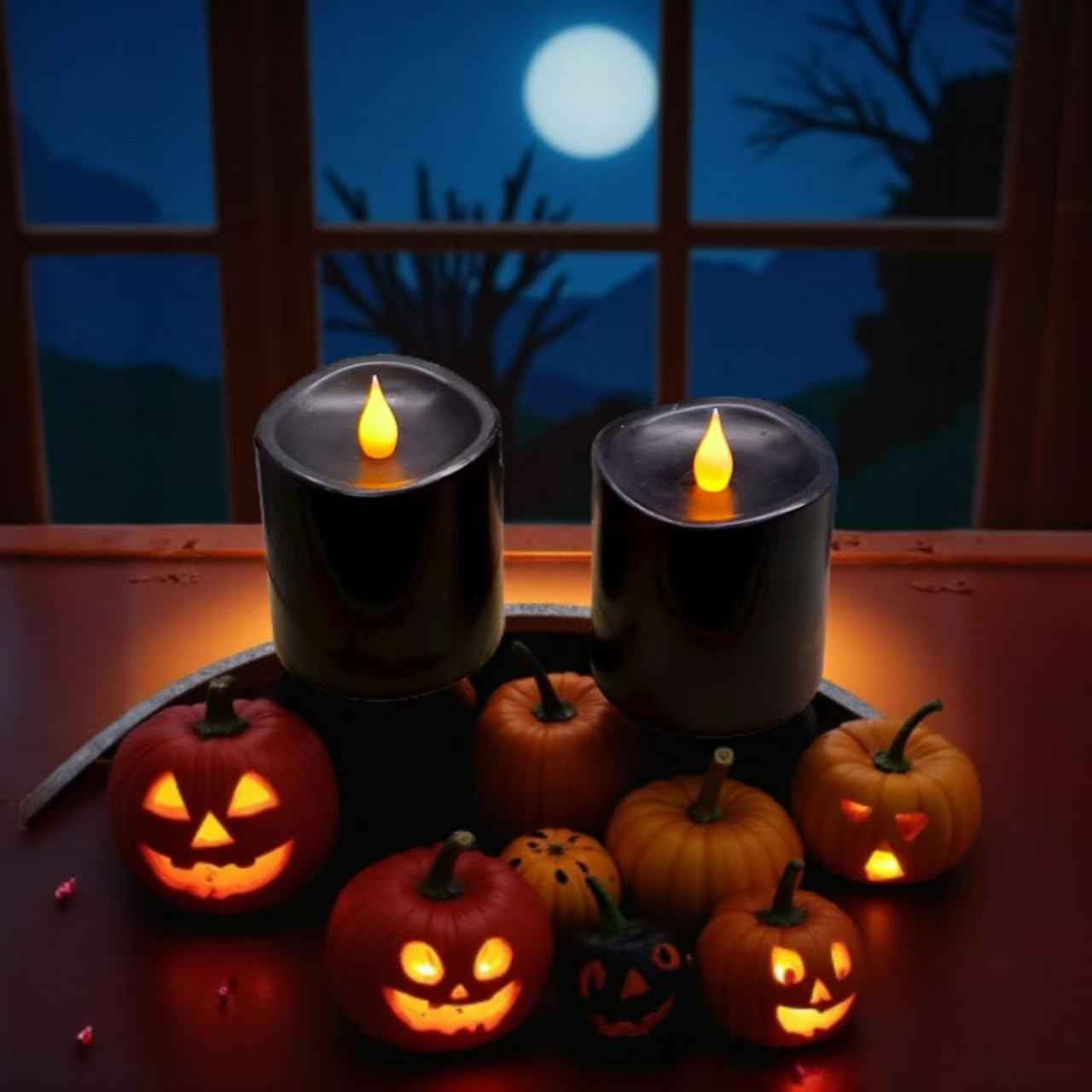 Black Flameless LED Candles 3 inch Diameter Real Wax 2AA Battery Operated 600hr+ Flickering Candles with Timer Remote Control for Halloween Thanksgiving Christmas Indoor (Black, 3″×3″- 2 PCS)