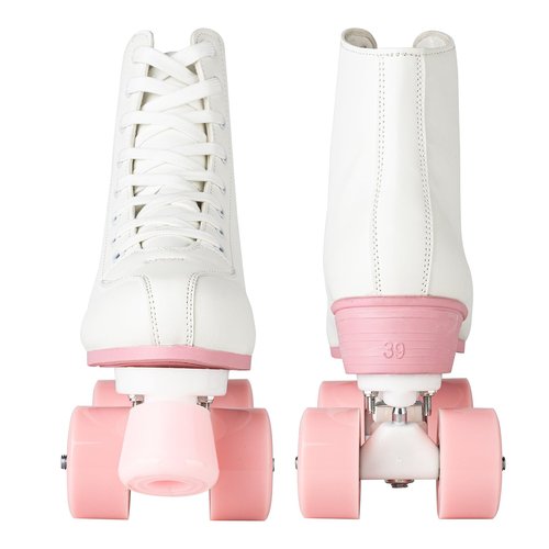 YYW Roller Skates for Women Girls White Pink Roller Skates Light Up Adult Double Row PU Leather Skates for Youth Adult Beginner Outdoor (Pink Flash Wheel,36)
