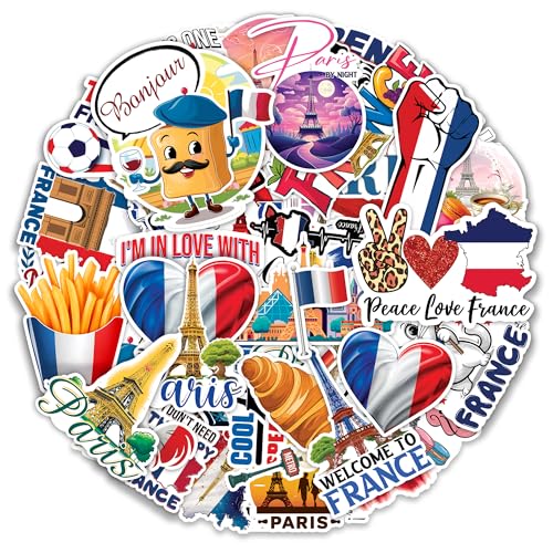 France Stickers 50 Pieces French Paris Sticker Vinyl Waterproof Decal for Laptop Water Bottle Phone Car Window Bike Motorcycle Stakeboard Scrapbook Gifts