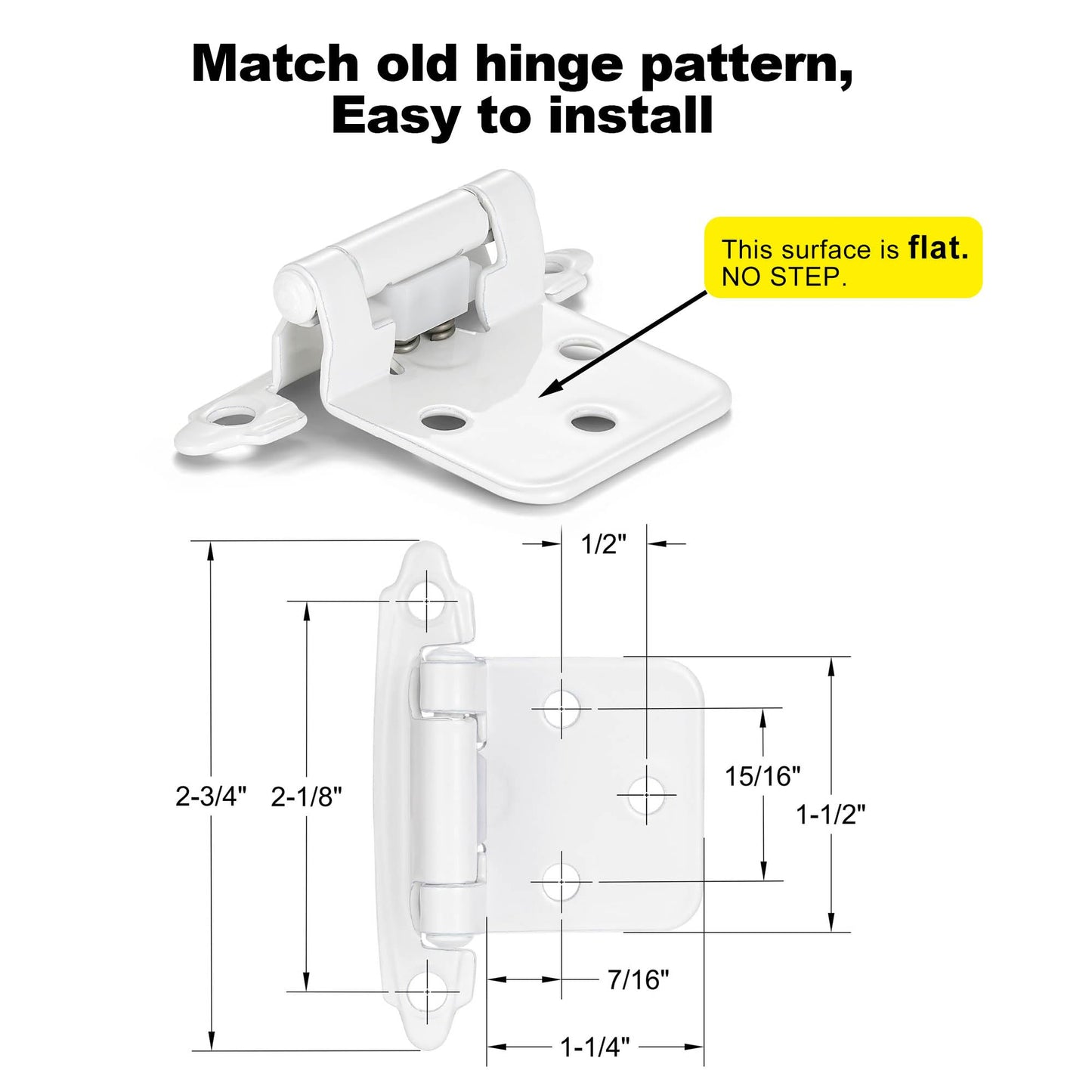 Vallecloud 4 Pack (2 Pair) White Self Closing Cabinet Hinges for Kitchen Cabinet Door, 1/2" Overlay (Variable) Semi Concealed Kitchen Cabinet Hinges
