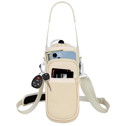 Bstge Water Bottle Holder with Strap, Water Bottle Carrier Bag with Phone Pocket, Shoulder Hand Strap Insulated Neoprene 32 oz Water Bottle Sleeve for Walking Hiking Camping Gym(white)