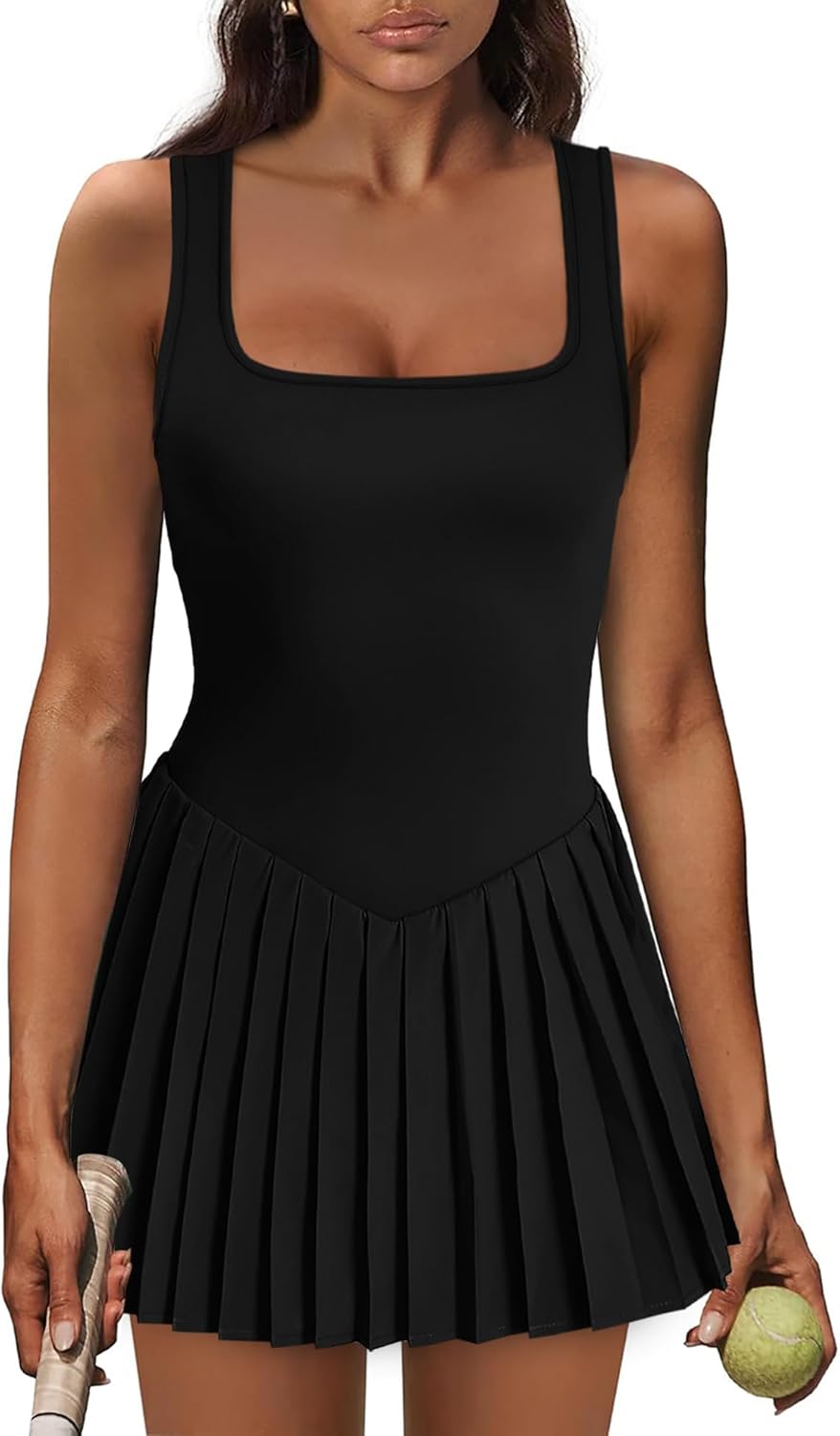 Skiennix Women's Athletic Dress - U Neck Tennis Dress with Built-In Shorts & Pockets | Sleeveless, Pleated