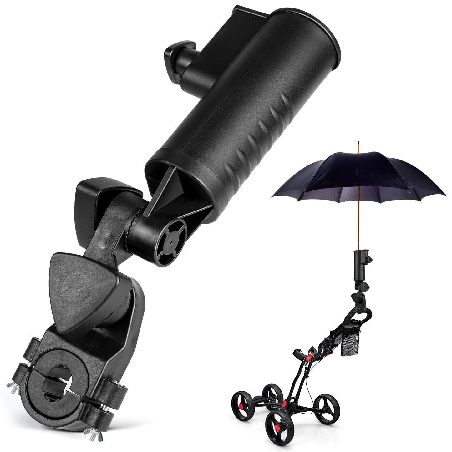 CALEPTONG Golf Push Cart Umbrella Holder - 2 Packs 180 Degrees Adjustable Stroller Umbrella Attachment, Universal Holder for Chair/Golf Cart/Stroller/Wheelchair/Bike with Round Frames
