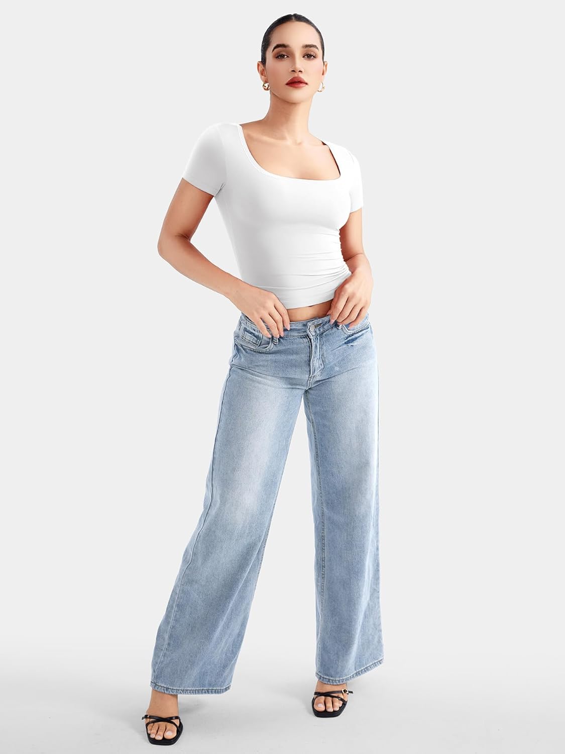 YEOREO Women's Slim Fit Crop Top - Short Sleeve Scoop Neck Design | Stylish Double-Lined T-Shirt