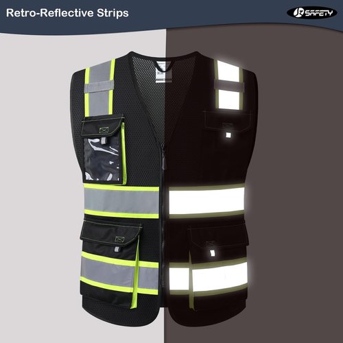 JKSafety Hi-Vis Reflective Safety Vests - High Visibility Mesh Vest with Pockets | Neon Black (L)